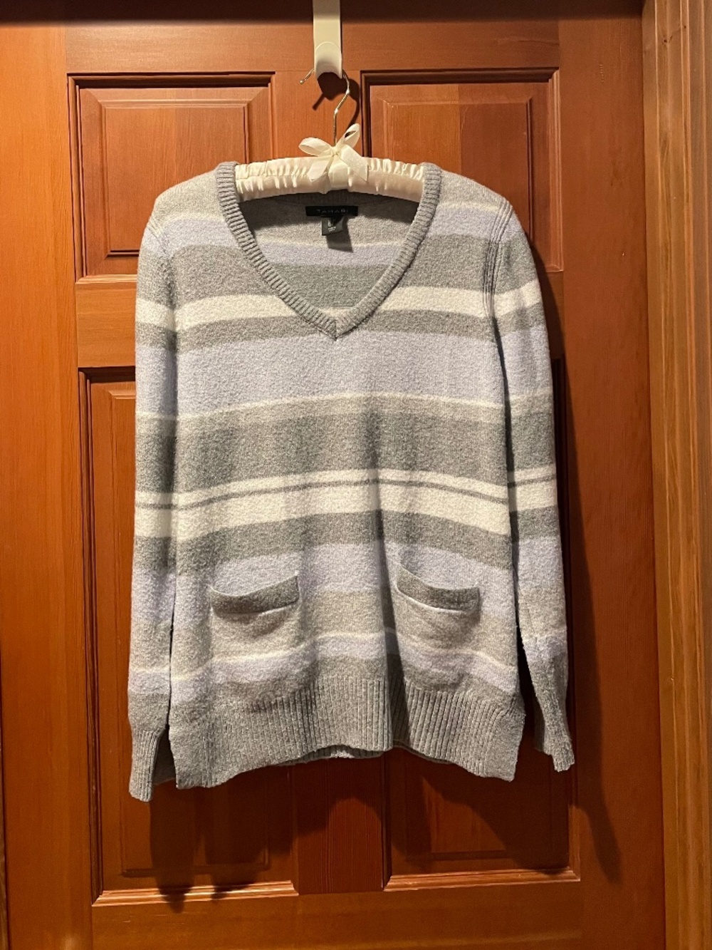 Women’s TAHARI Small Sweater, soft lavender, grey and white horizontal stripes,